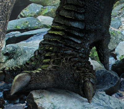 Detail from Ankylosaur Attack, showing reflections on scales of dinosaur