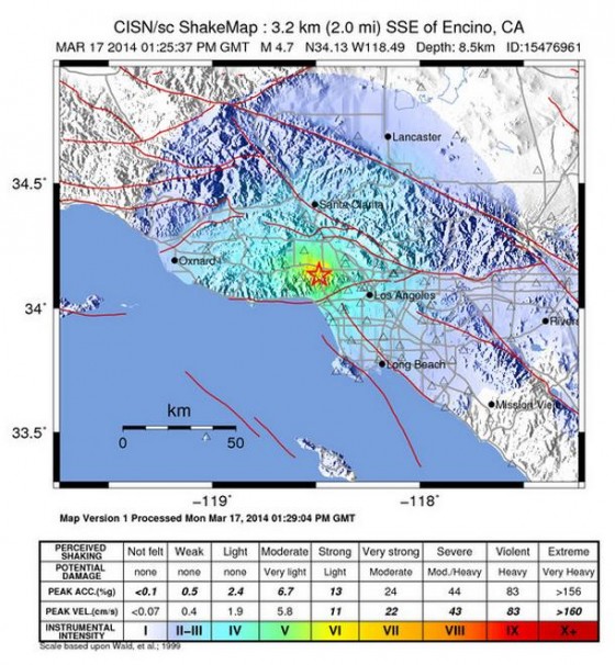 Shaking intensity map of the March 17, 2014, Sherman Oaks quake