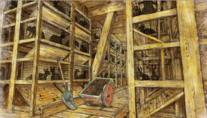 Artist's conception of the stalls and cages inside the ark, all with hard wooden surfaces that would absorb feces and urine, and hurt animals who cannot stand on hard surfaces too long without health issues.